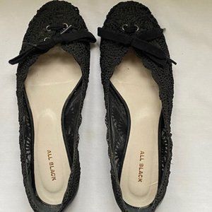 All Black Flats, Open Knit, Metal Grommets with Shoelace Ties, Size 7.5